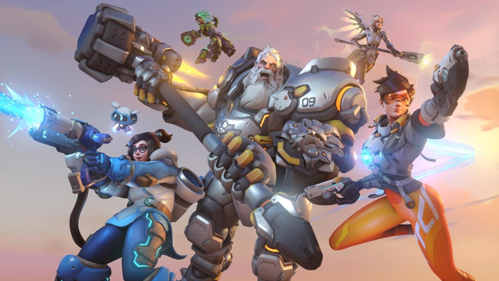 overwatch 2 heroes reinhardt, tracer, mei and mercy jump into battle