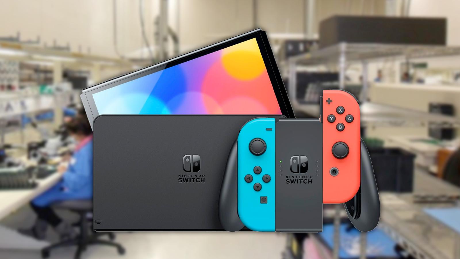 Nintendo Switch in front of a blurred image of a factory