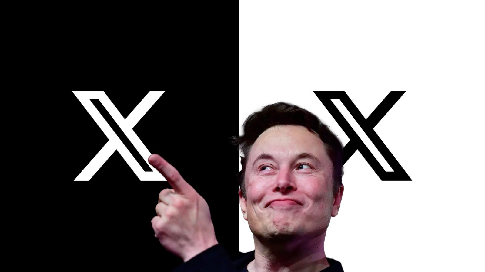 Elon Musk pointing at X/Twitter logo
