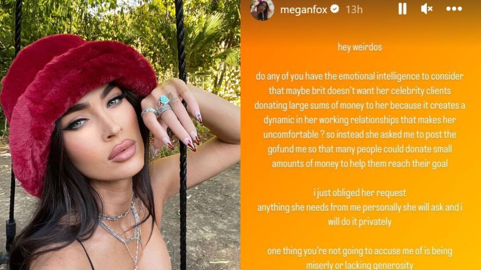 megan fox and a screenshot of her addressing GoFundMe criticism