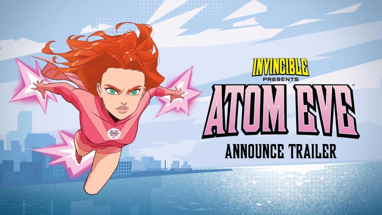 Atomic eve flying through the sky using her powers next to a title for her new invincible game