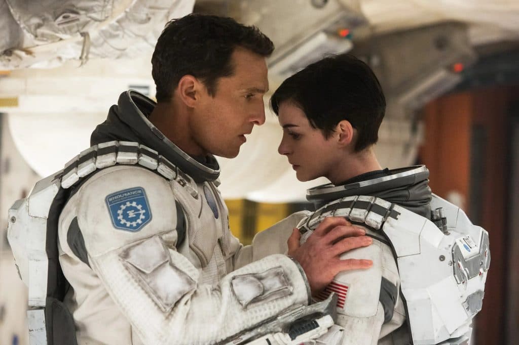 Matthew McConaughey and Anne Hathaway in Interstellar, one of Christopher Nolan's best movies