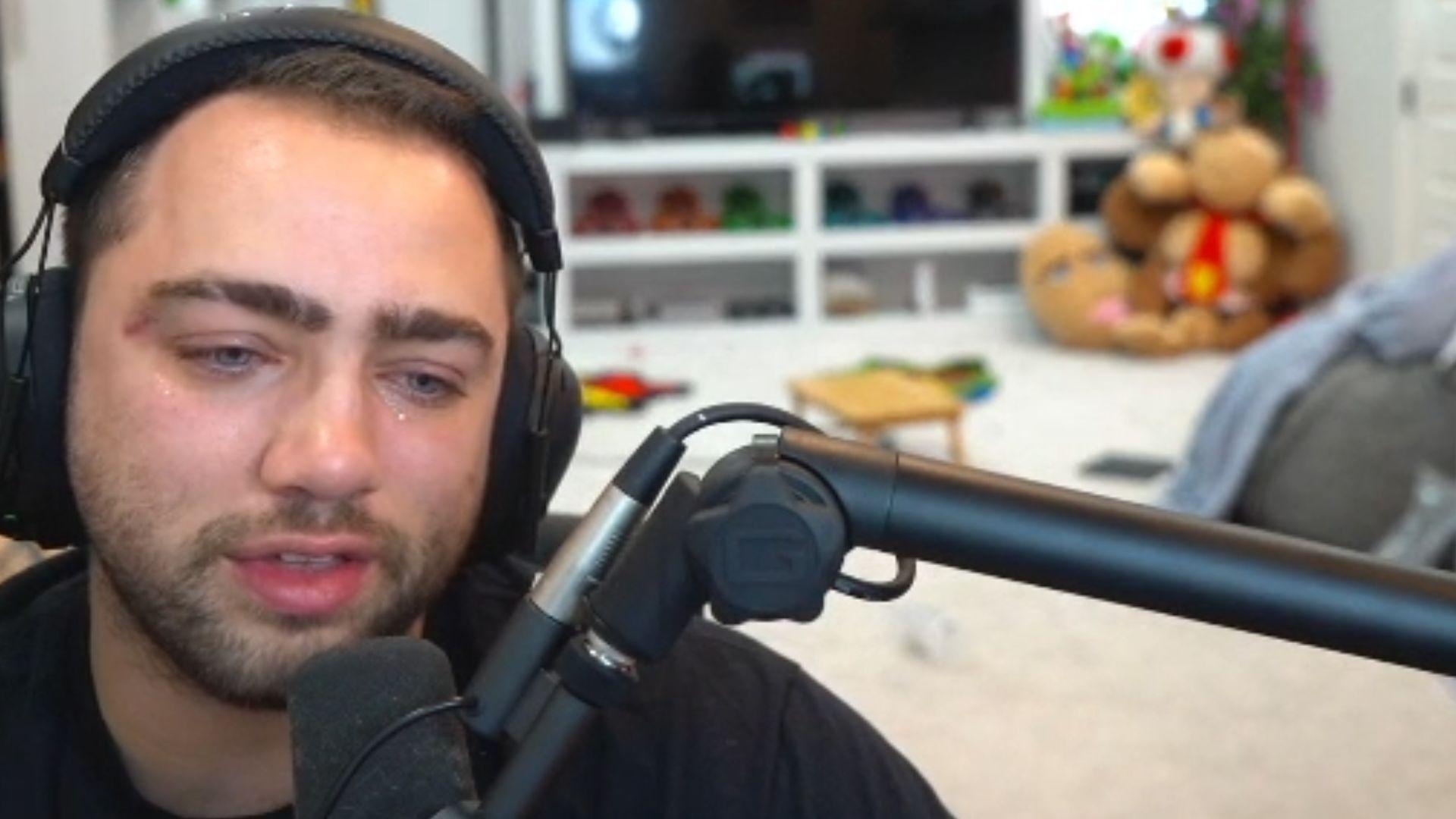 Mizkif at his streaming with tears rolling down his face