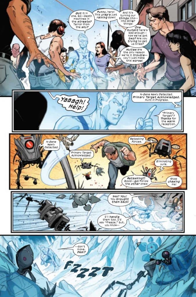 Astonishing Iceman #1 preview pages showing Iceman defending citizens in San Francisco.
