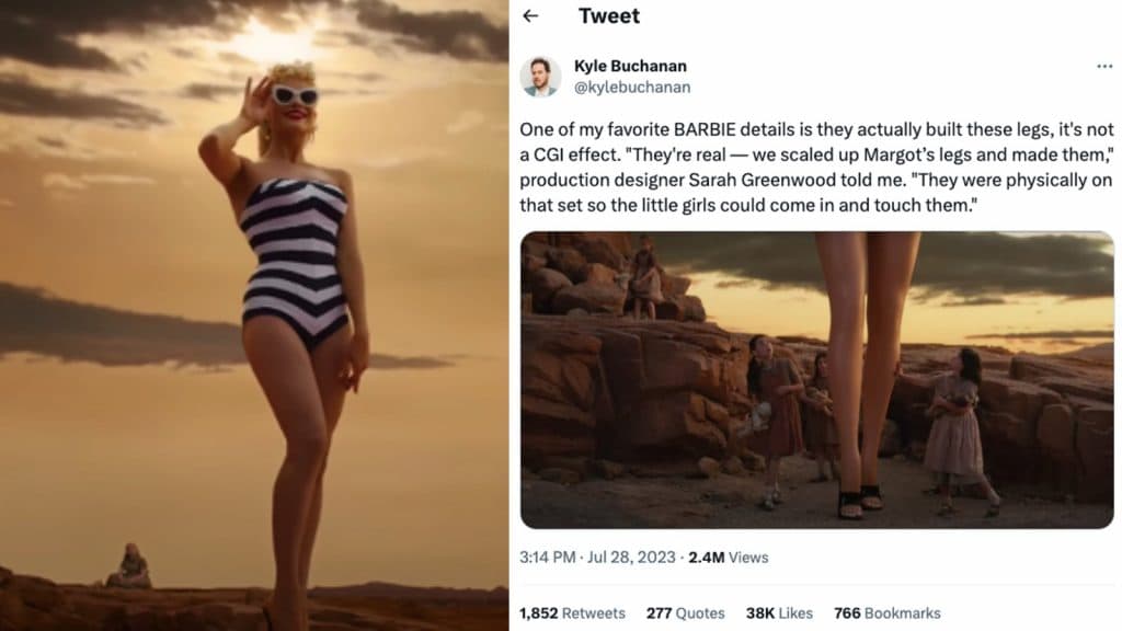 Margot Robbie as Barbie and a tweet describing the movie's practical effects