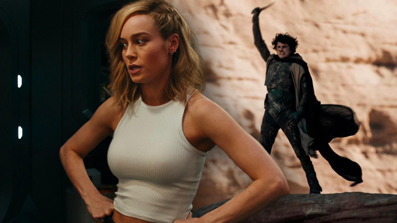 Brie Larson in the Marvels and a still from Dune 2, which is screening in IMAX