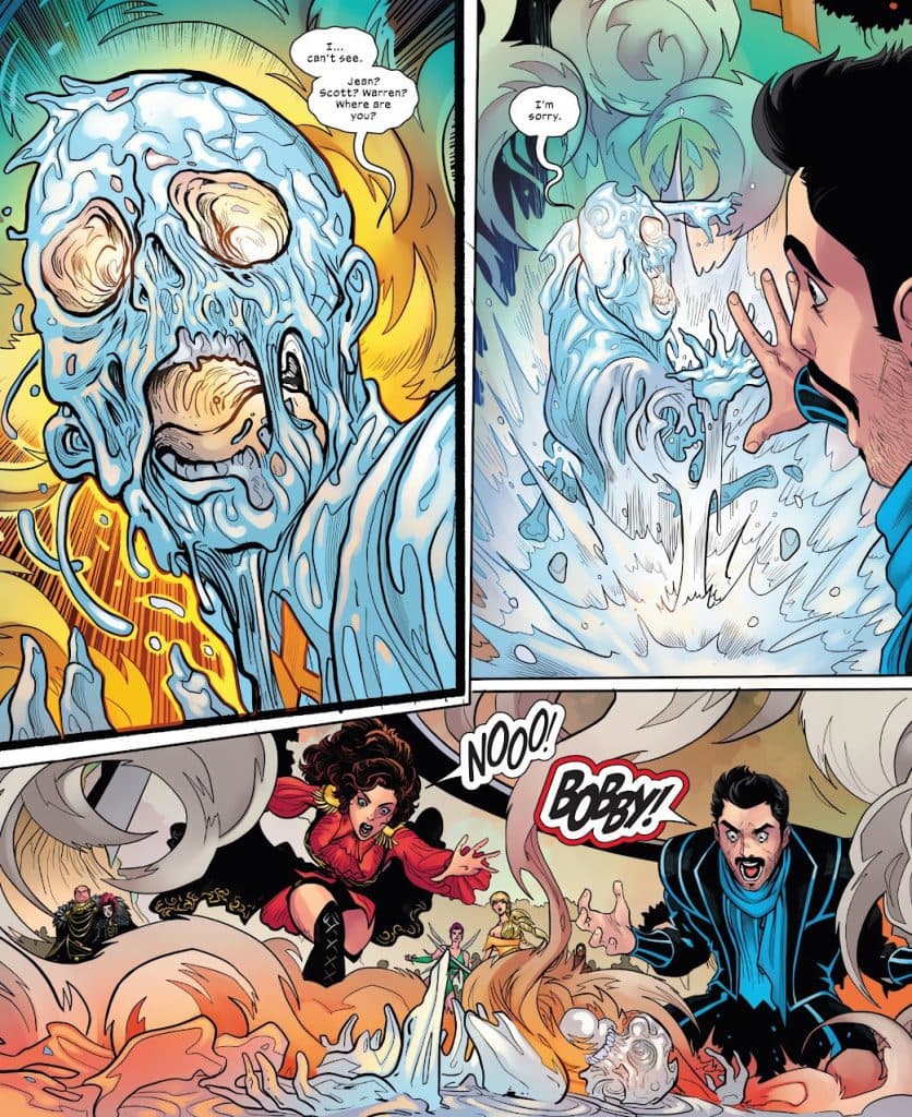 Panels from X-Men Hellfire Gala 2023 depicting the death of Iceman.