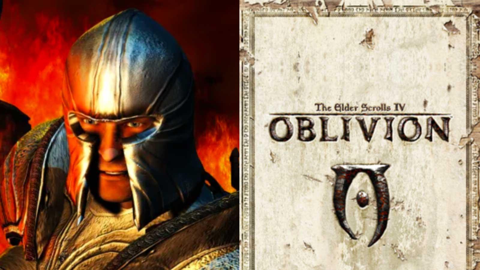 Elder Scrolls 4: Oblivion cover art and a character from the game looking at the screen