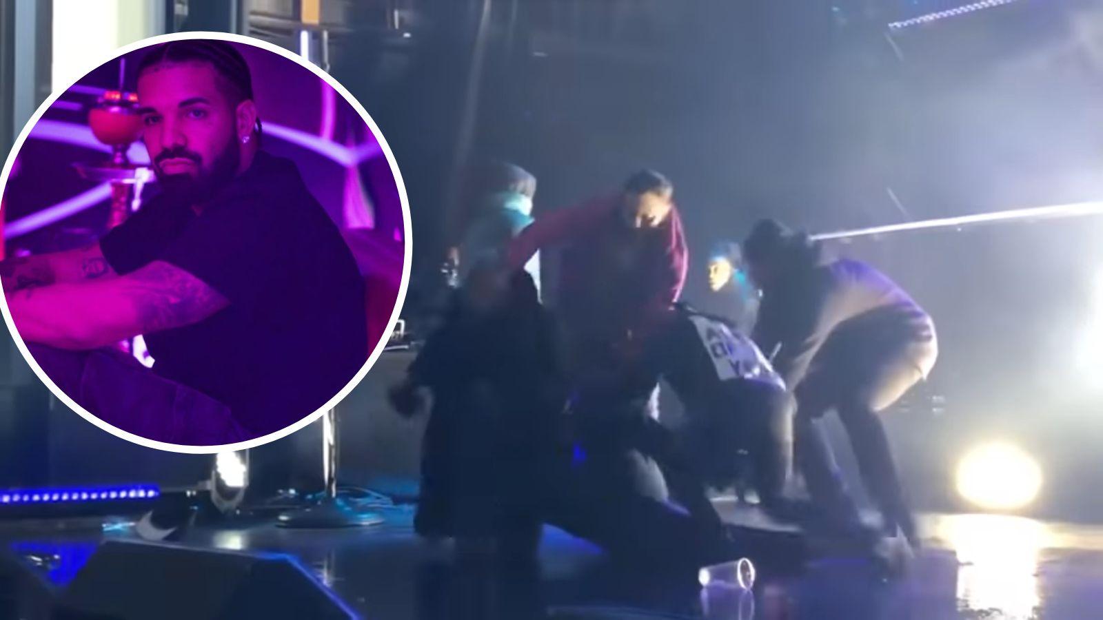 Drake and screenshot of Pusha T's Toronto concert erupts