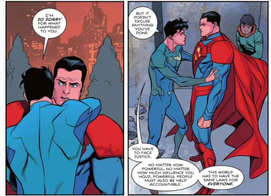 Superman Jon Kent hugs Regime Superman.