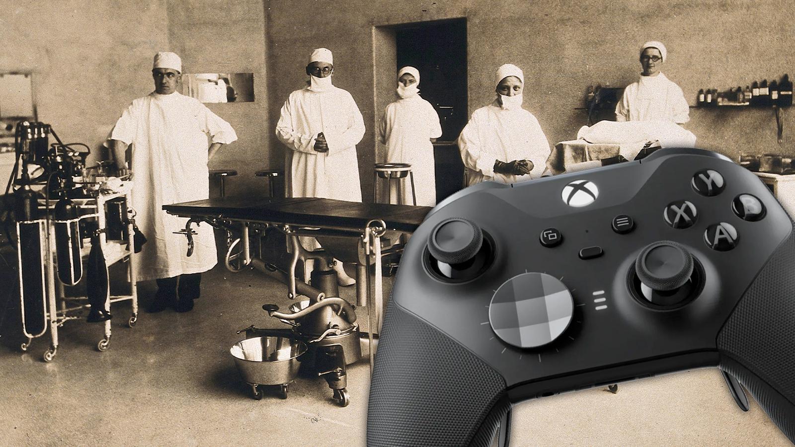 A historical photo of a surgery room with an xbox controller in front of it