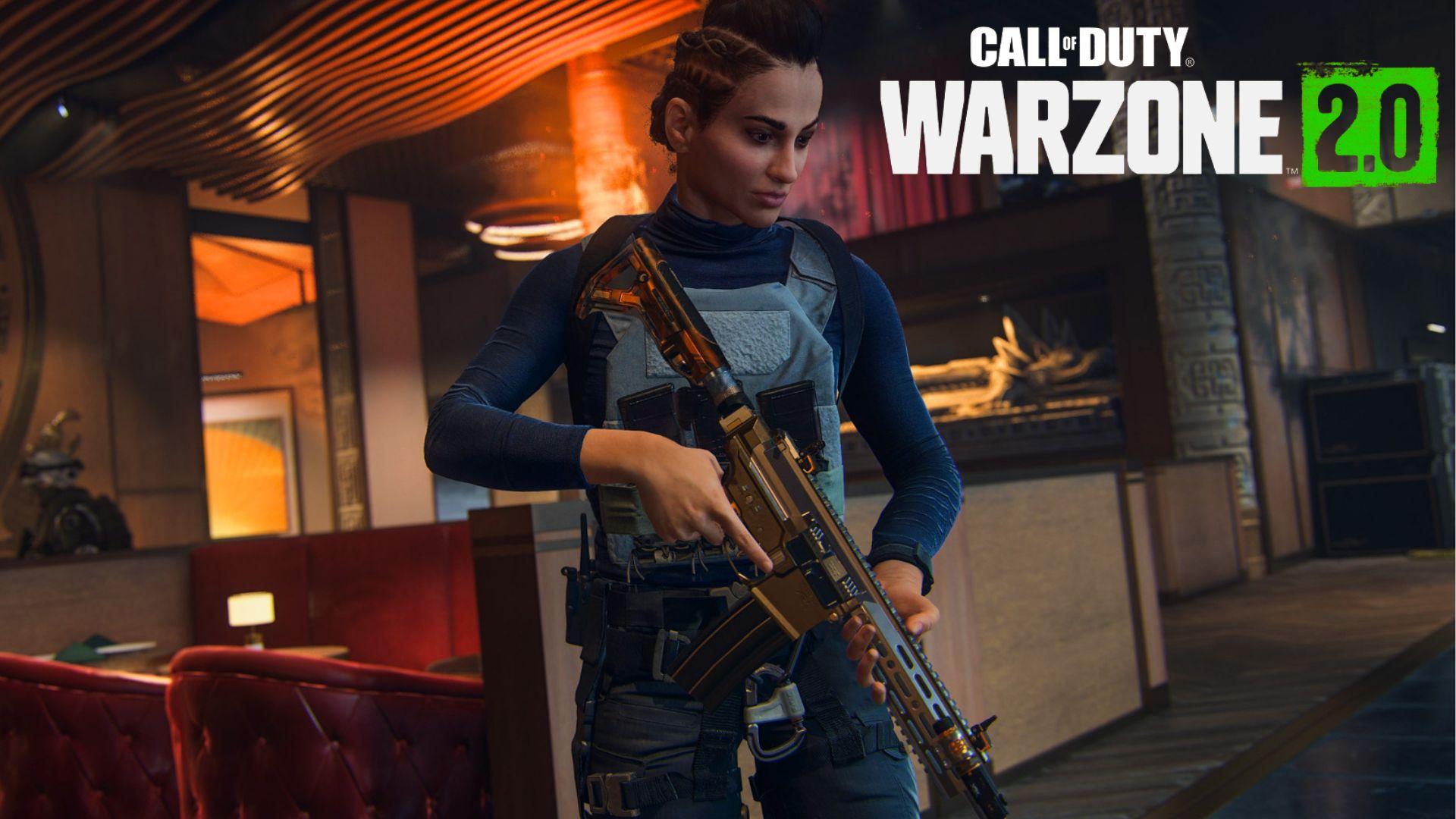 Warzone 2 female character pointing assault rifle at ground surrounded by fire