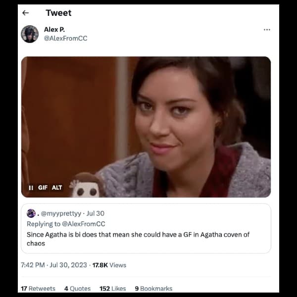A tweet revealing that Aubrey Plaza may be Agatha Harkness girlfriend in Coven in Chaos