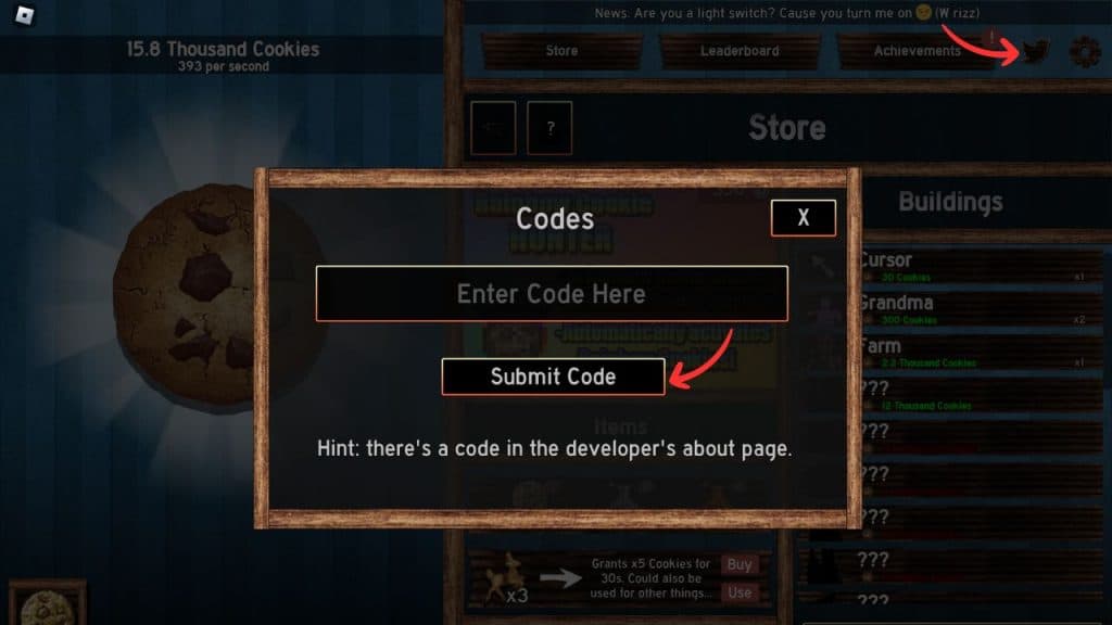 Using codes in Roblox Cookie Clicker