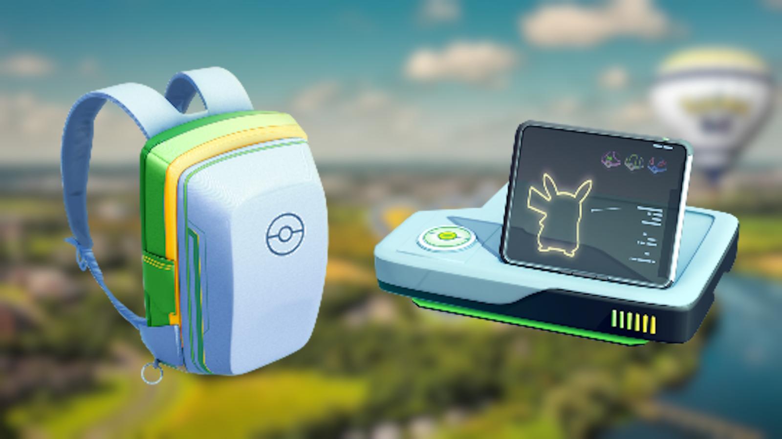 Pokemon GO bag and storage icons in front of blurred image of London for GO Fest event.