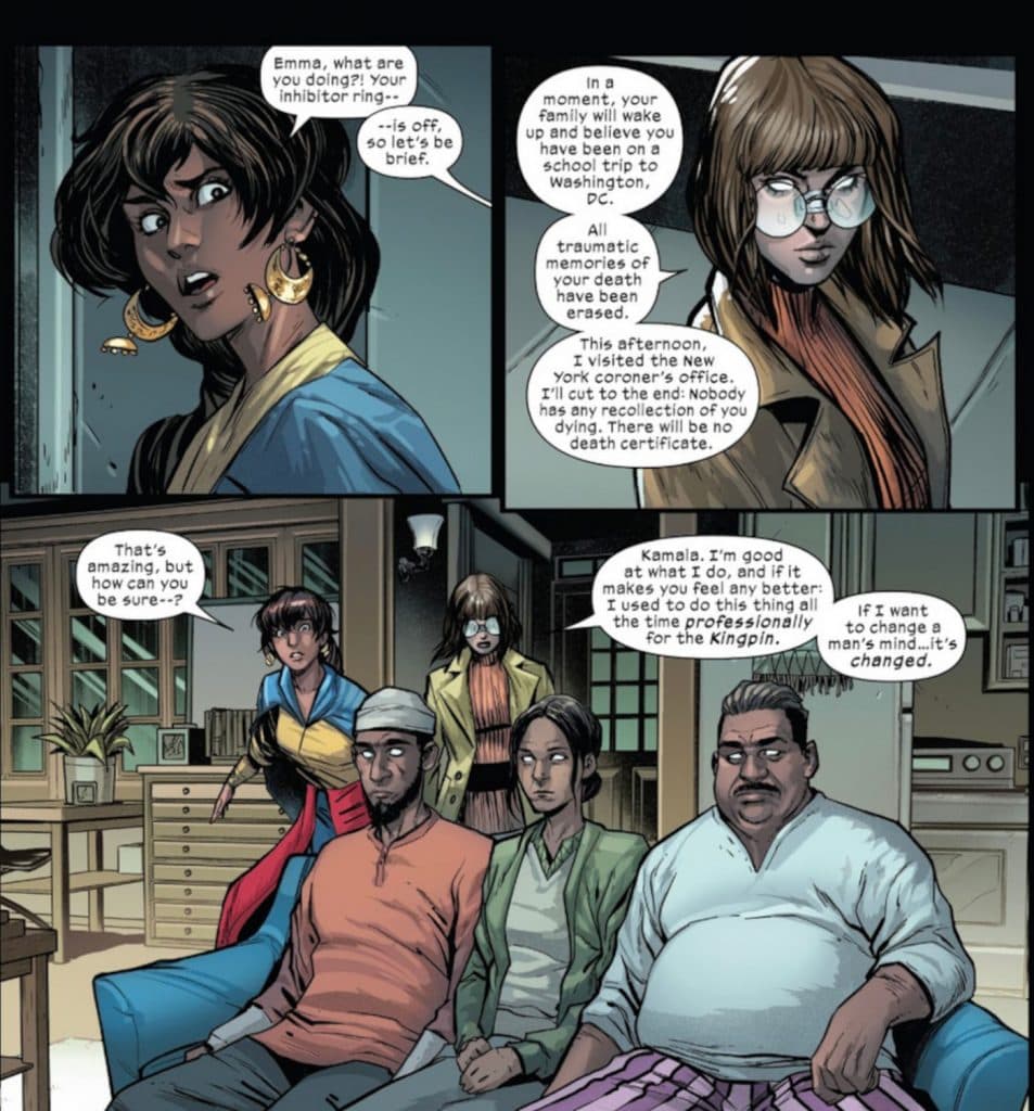 Emma Frost explains how she made it so no one remembers Ms. Marvel's death.