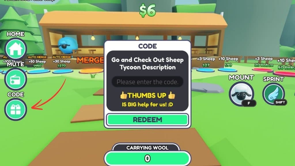 Using codes in Sheep Tycoon