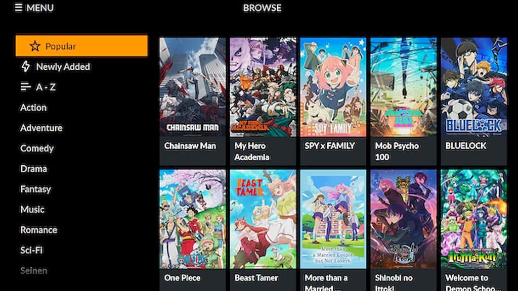 The Crunchyroll screen with One Piece, Chainsaw Man and more