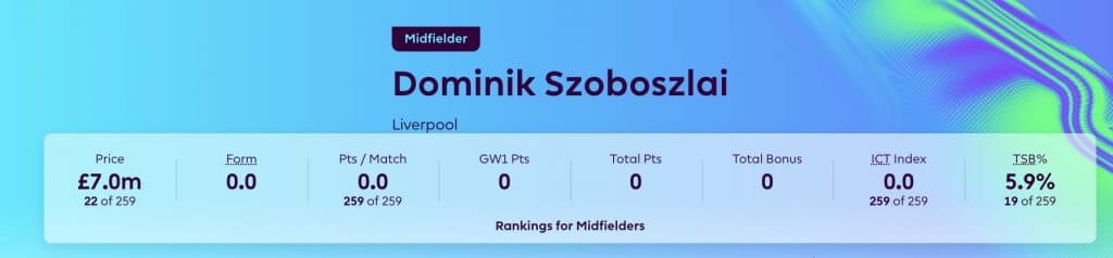 Screenshot of dominik szoboszlai profile in FPL 2023/24