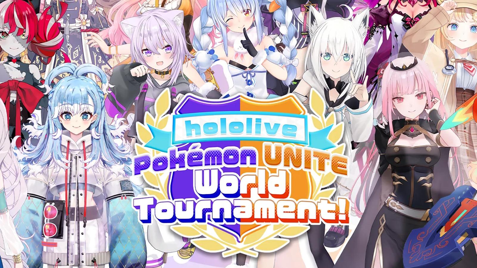 The upcoming Pokemon Unite World Tournament hosted by Hololive featuring 15 Vtubers.