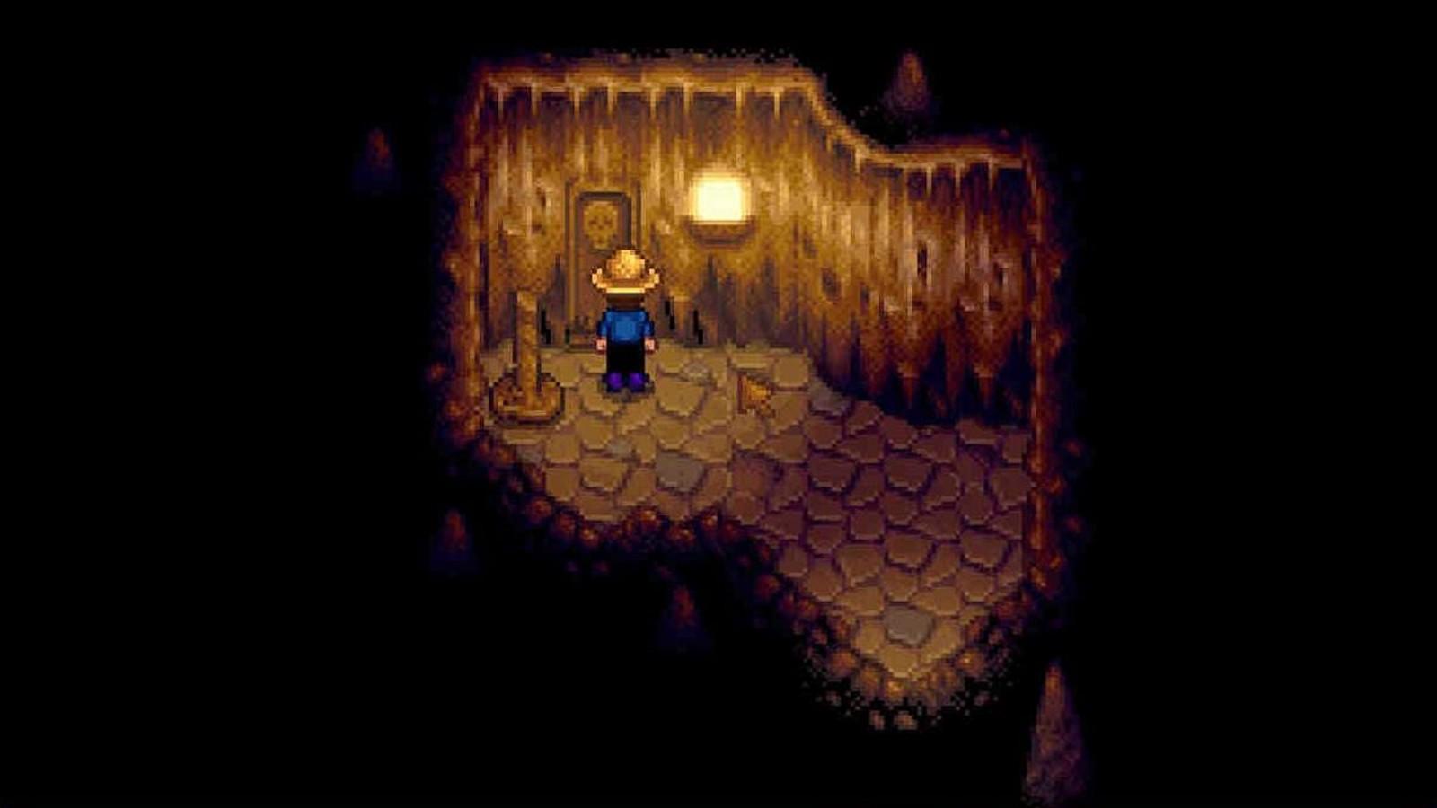 An image of the Skull Cavern entrance in Stardew Valley where you can find Purple Mushrooms.
