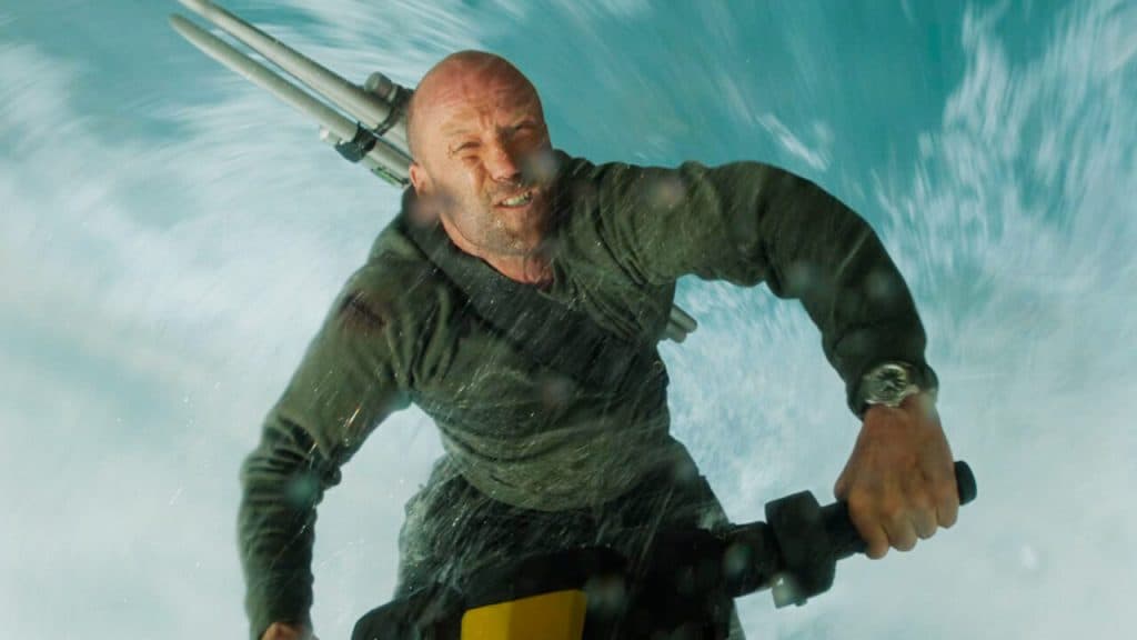 Jason Statham on a jet ski in The MEg 2: The Trench