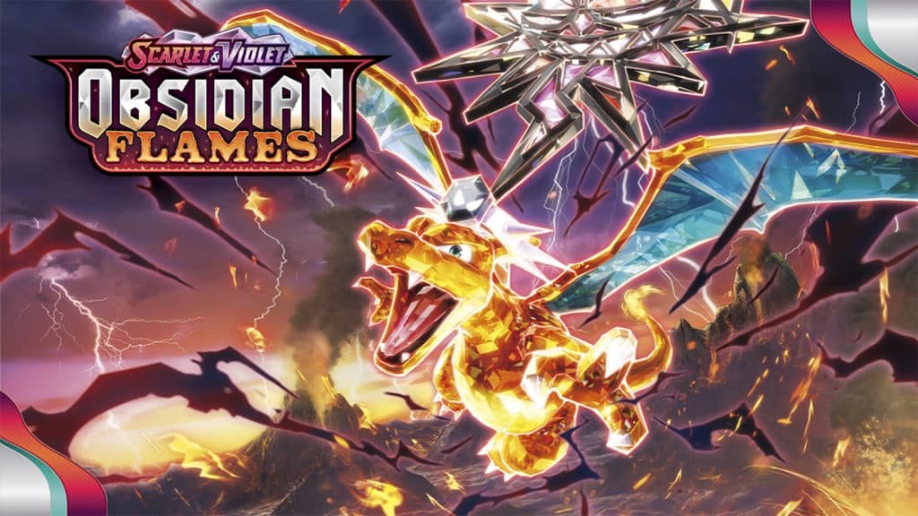 A poster for the Pokemon TCG Obsidian Flames expansion