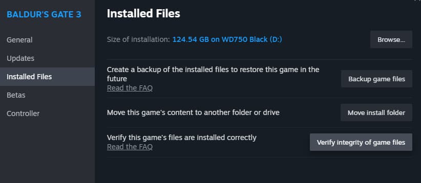 Baldur's Gate 3 Verify Files tile on Steam