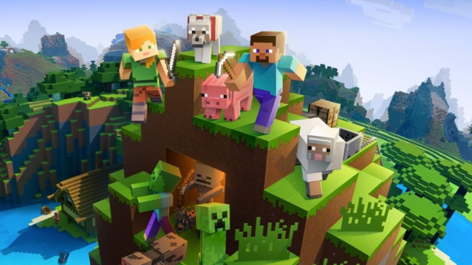 A promotional image from Minecraft a game that includes a narrator.