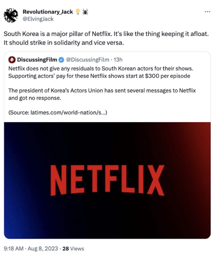 Tweet about Netflix's treatment of South Korean actors