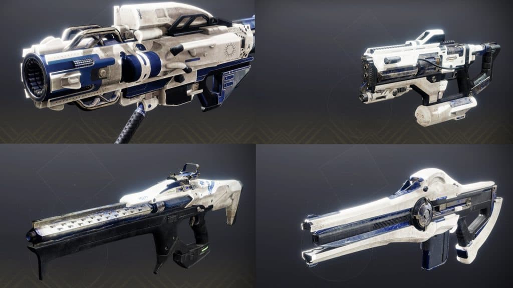 Cold Comfort, Riptide, Taipan 4fr, and Retraced Path with Ego Malign Shader applied in Destiny 2.