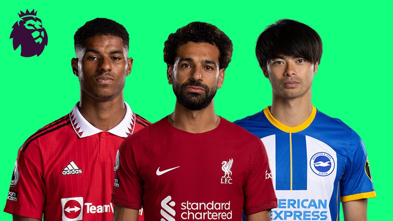 Marcus Rashford, Mo Salah and Kaoru Mitoma on green background with Premier League lion logo in top left corner