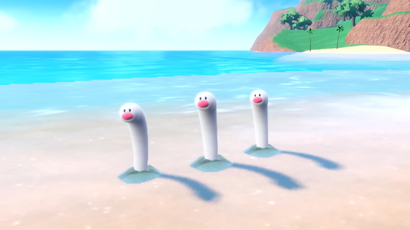Three Wiglett on a beach in Pokemon Scarlet and Violet