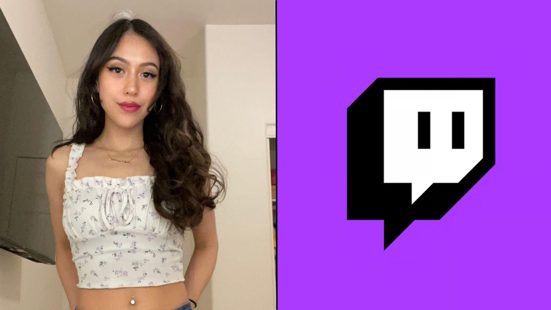 Female streamer posing at camera side-by-side with Twitch logo