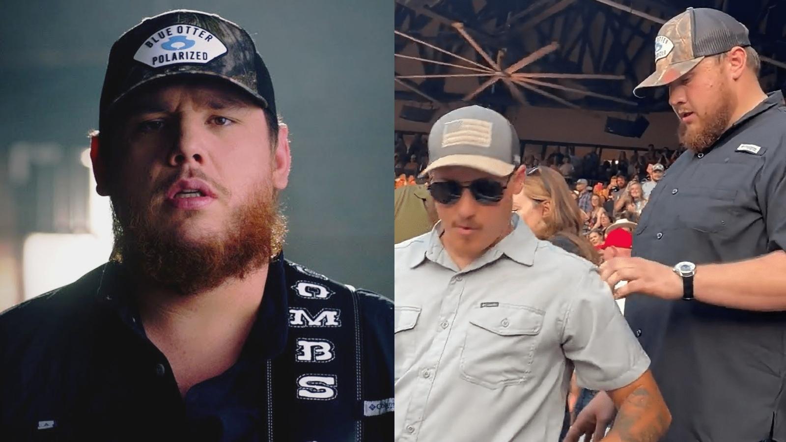 Luke Combs on left side with lookalike at concert on right side