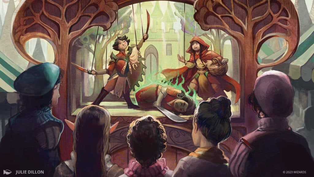 MTG Wilds of Eldraine - Kellan and Ruby depicted in a puppet show