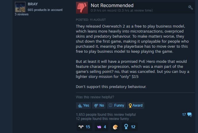 Negative steam review for Overwatch 2