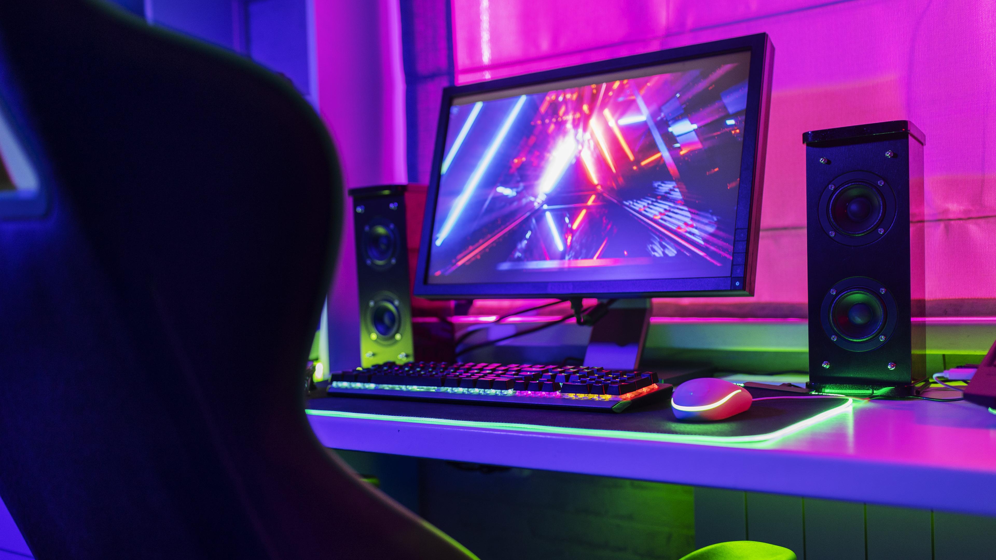 A gaming rig with multi colored lights