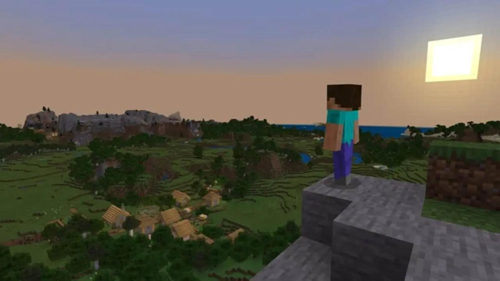An image from Minecraft featuring the main avatar and a landscape.