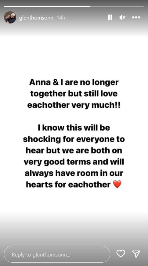 Glen Thomson announces breakup via Instagram story