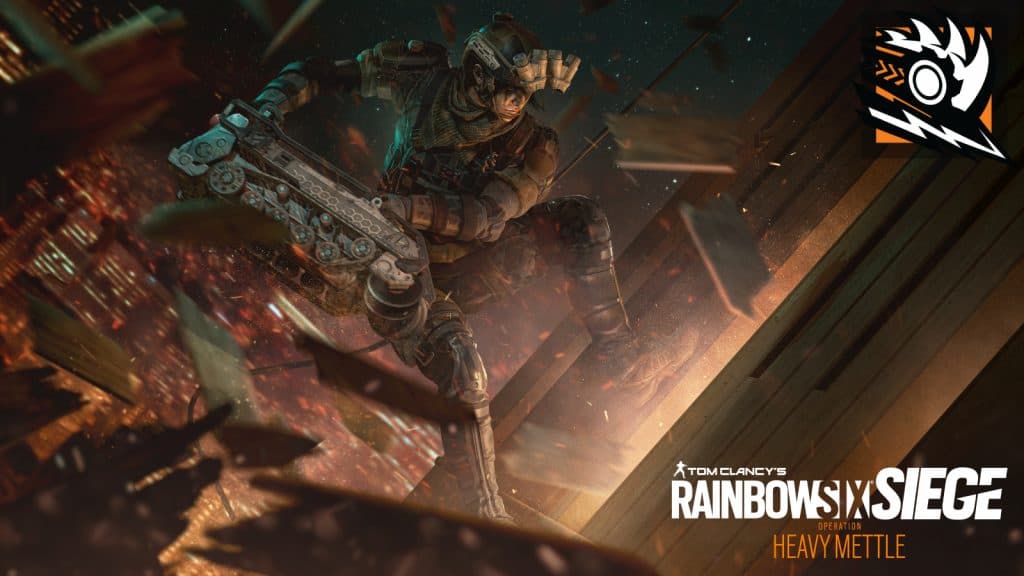 an image of Ram with her Bu-Gi in Rainbow Six Siege along with her badge on the top right and the Rainbow Six logo on the bottom right