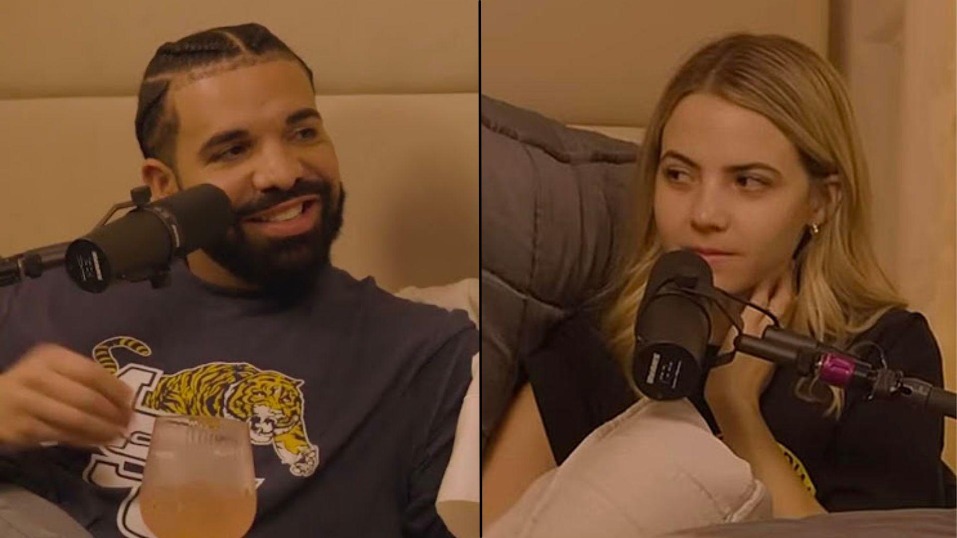 Drake and Bobbi Althoff side-by-side in bed with interview mics