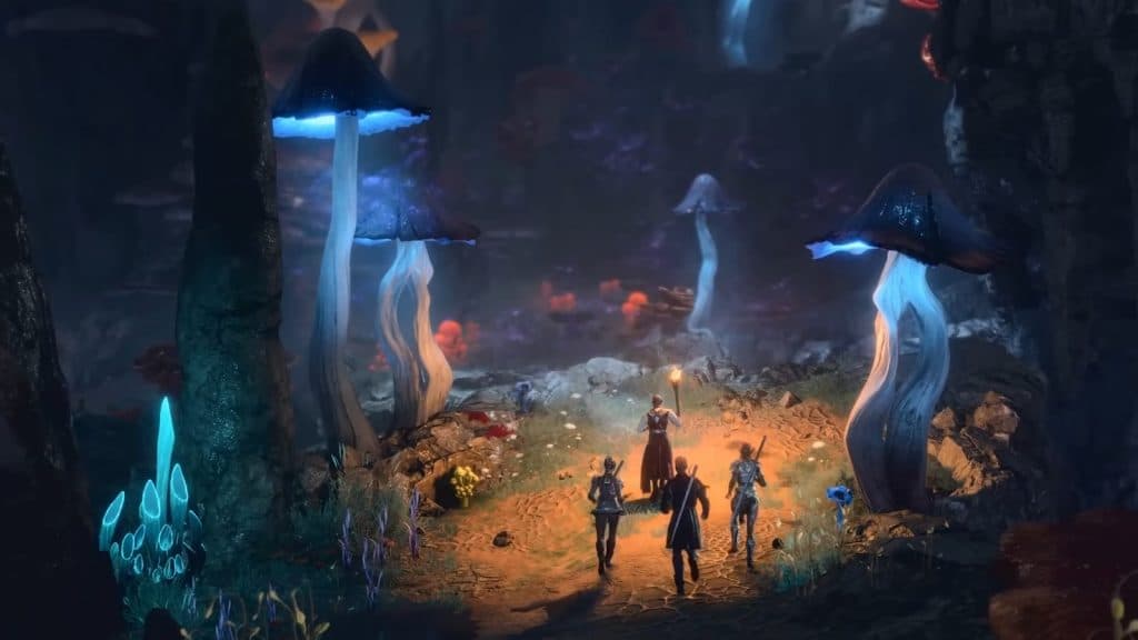 Baldur's Gate 3 cinematic shot of mushroom cave from launch trailer.