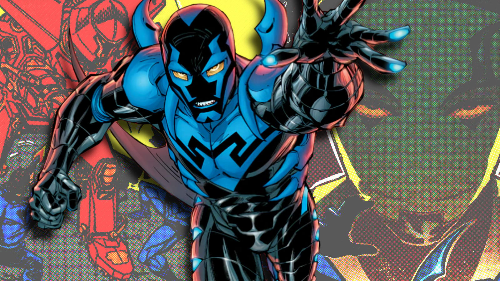 Blue Beetle alongside images of Carapax and The Reach.