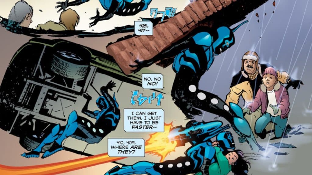 Blue Beetle lifting various heavy objects