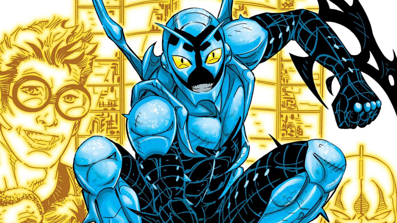 Blue Beetle surrounded by allies.