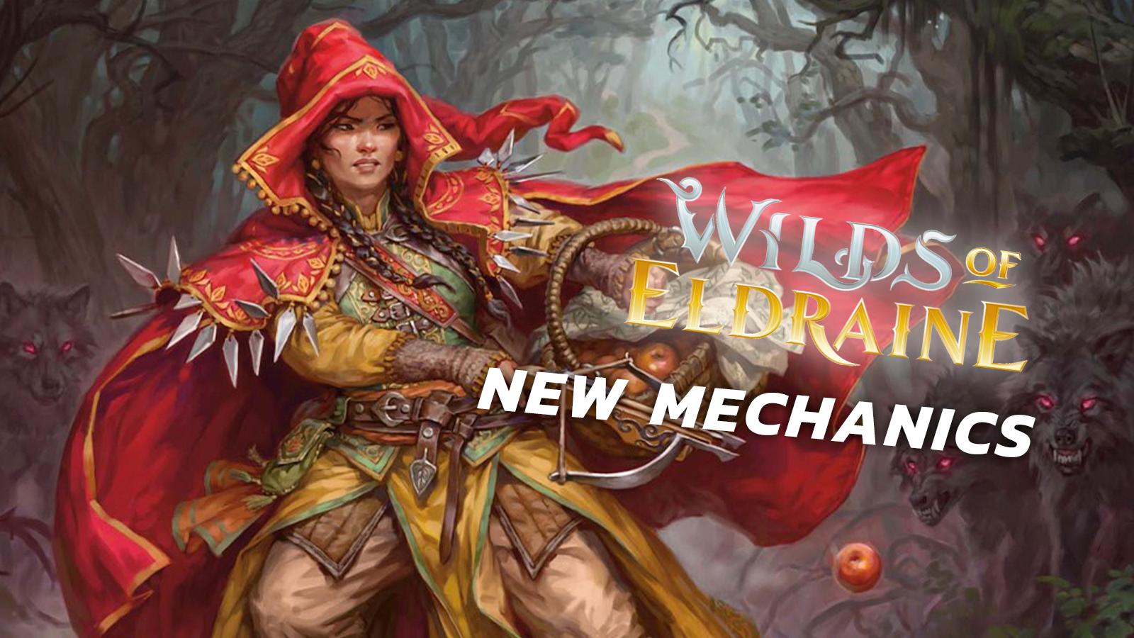 MTG Wilds of Eldraine Ruby with the logo and New Mechanics over the top