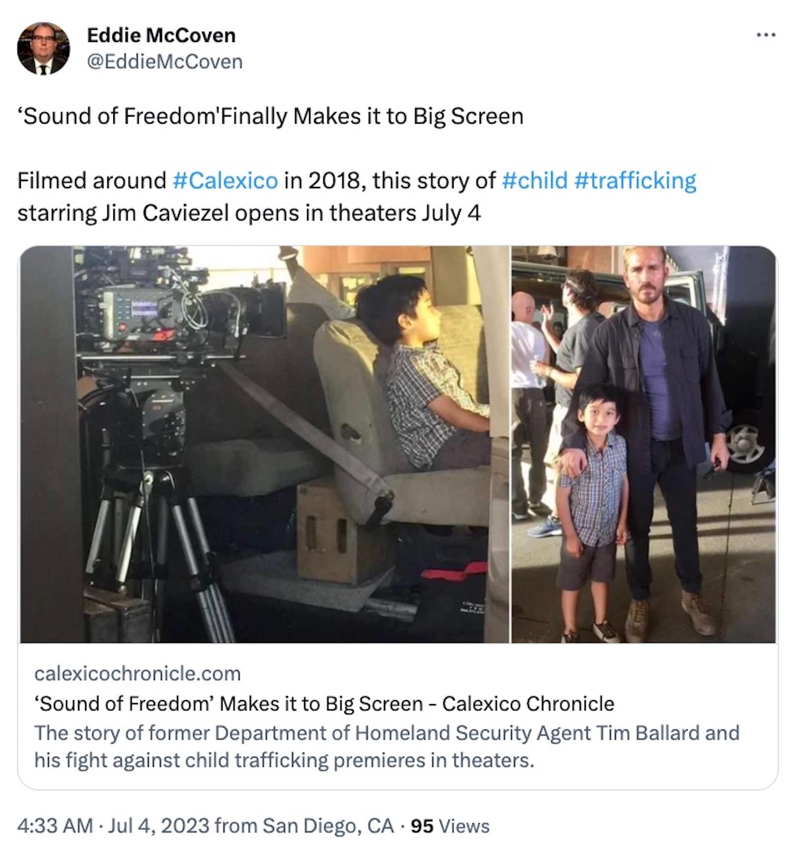 Tweet about Sound of Freedom filming in California