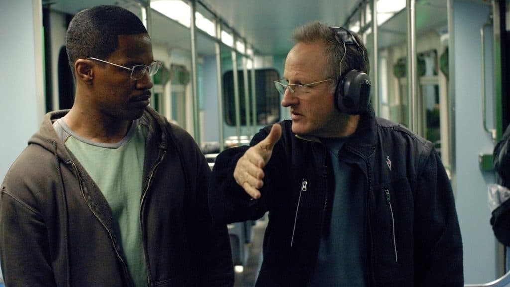 Michael Mann speaking to Jamie Foxx during filming Collateral
