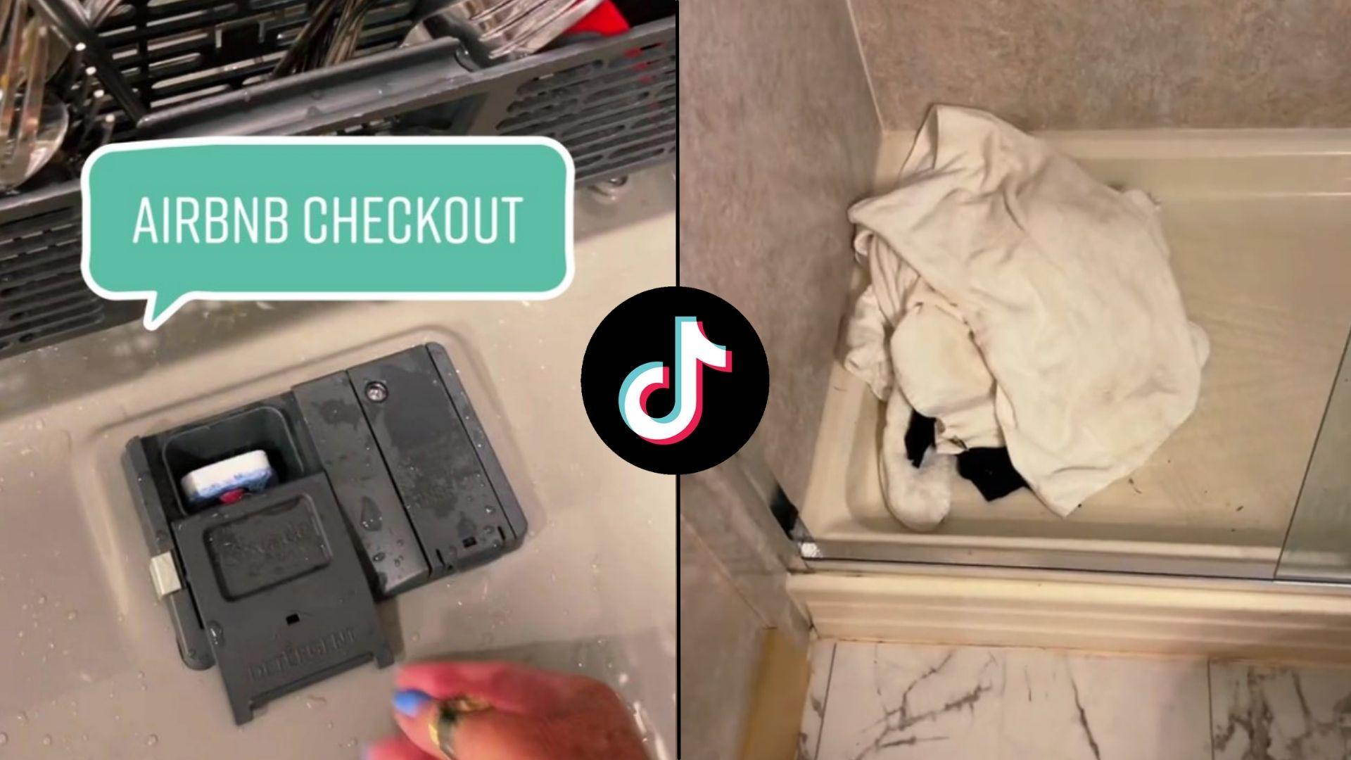 Screenshots of TikTok video with airbnb checkout text and towels in wash